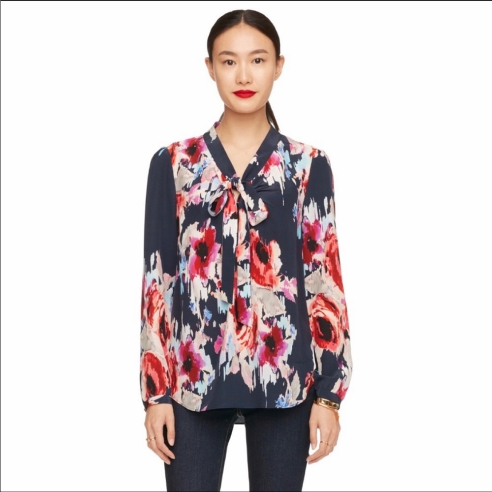 Kate spade hazy floral reade floral bow blouse EUC